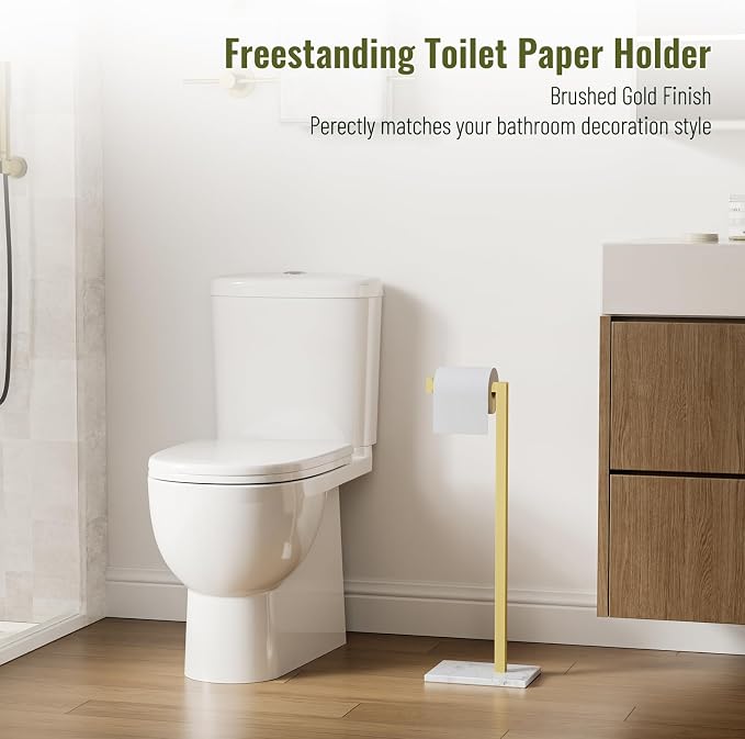Gold Toilet Paper Holder Stand Marble Base SUS 304 Stainless Steel Freestanding Tissue Roll Holder for Bathroom Rustproof Storage for 4 Rolls Brushed Gold by Homevacious