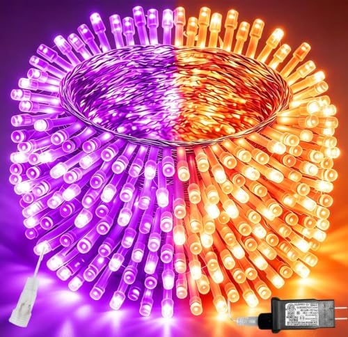 Pooqla Halloween Lights, 66 ft 200 LED Indoor Outdoor Halloween String Lights Plug in, Connectable 8 Modes Clear Wire Twinkle Fairy String Lights for Xmas Tree Decoration Clear wire, Orange and Purple