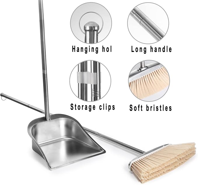 Indoor & Outdoor Brooms, VOOWO 46” Kitchen Broom with Long Handle, Heavy Duty Brooms for Home Kitchen Broom for Office, Angle Brooms for Sweeping with Stainless Steel Handle