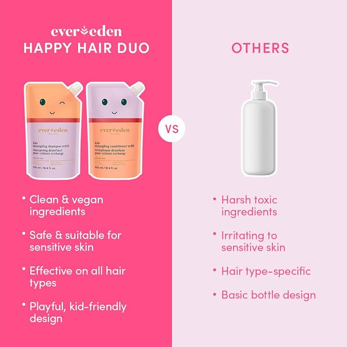 Evereden Kids Haircare Set (Refill): Hair Detangling Shampoo & Conditioner for Children Ages 3+, Plant Protein Peptides & Argan Oil, Vegan, Free from Sulfate, Paraben, Phthalate & Petrolatum