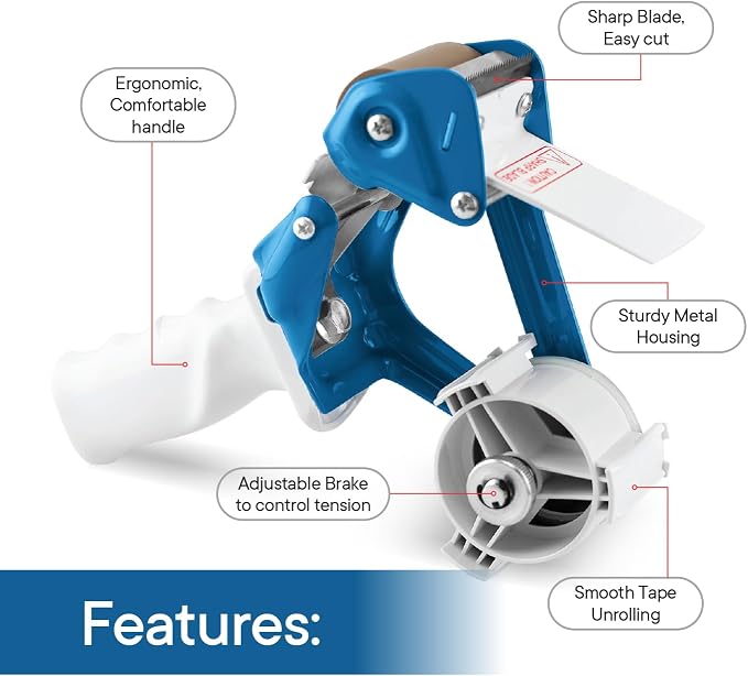 TAPEWELL Heavy Duty Metal Frame Packing Tape Dispenser Gun, 2 inch, Blue | Packing Tape Refills For Dispenser, Shipping Tape For Packing, Moving, Home & Office Use