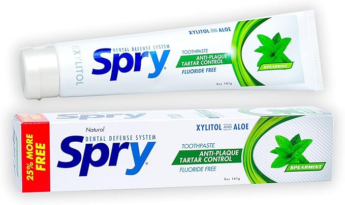 Spry Natural Fluoride Free Xylitol Toothpaste, 5oz Spearmint (Pack of 2) | Gentle for Sensitive Teeth Whitening and Remineralizing, Bad Breath Freshening, Dry Mouth Moisturizing, for Adults and Kids