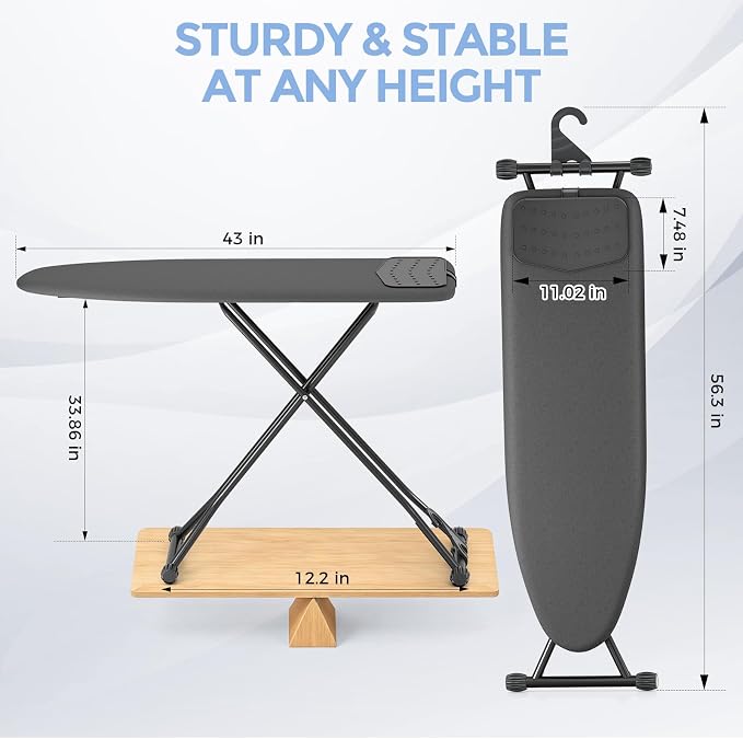 APEXCHASER Ironing Board, Compact Iron Board with Silicon Mat, Foldable Ironing Board with Heat Resistant Cover, 7 Height Adjustable, Space Saver Iron Board,13x43 Black