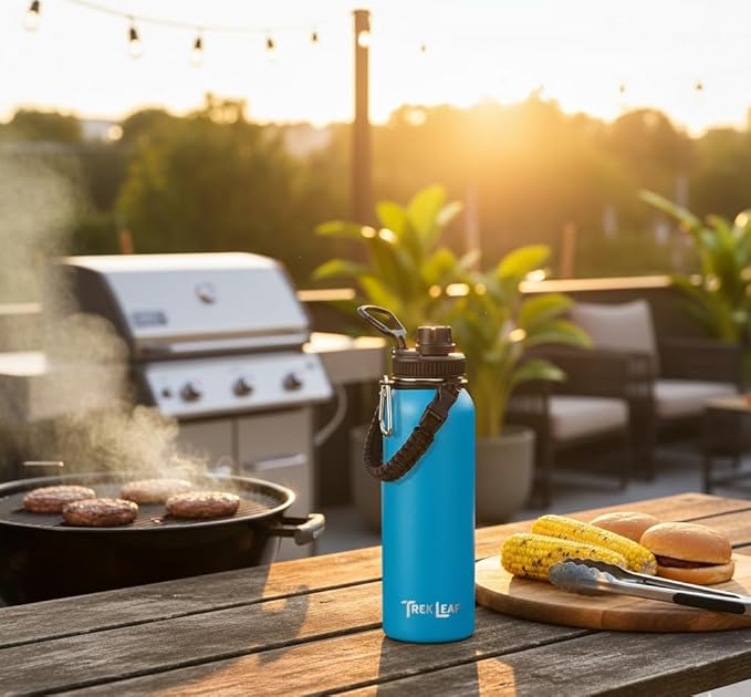 Travel Water Bottle with Carrying Bag, 3 Lids (Spout, Straw, Handle), and Bottle Brush; Leak Proof, Quality, Vacuum Insulated, Stainless Steel (Ocean Blue, 40 oz)