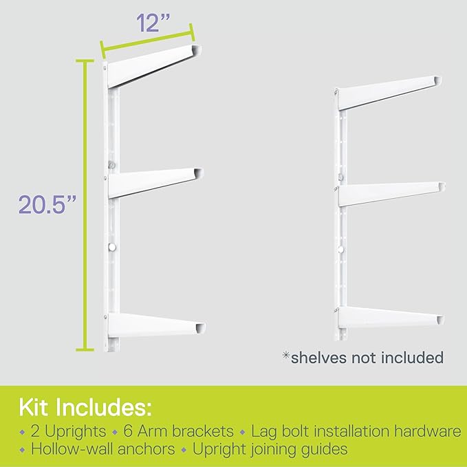 Delta Minimalistic White Shelf Brackets Cycle, Set of 6 Fully Adjustable 12-inch Heavy Duty Shelf Brackets, Holds Up to 480 lbs, Modern Shelf Bracket for Wood Shelves
