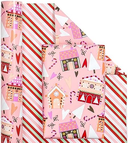 WRAPAHOLIC Reversible Christmas Wrapping Paper - Mini Roll - 17 Inch x 33 Feet - House with Christmas Tree and Candy Cane Wrapping Paper for Holiday, Party Celebration