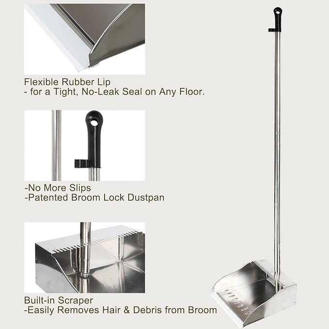 Metal Dust Pan with Long Handle, Stainless Steel Standing Dustpan | Metal Dustpan with Teeth