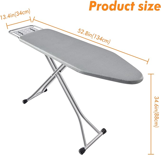 BKTD Ironing Board, Heat Resistant Cover Iron Board with Steam Rest, Non-Slip Foldable Ironing Stand. Heavy Sturdy Metal Frame Legs Iron Stand(13 * 34 * 53 Inches) (Silver Gray)