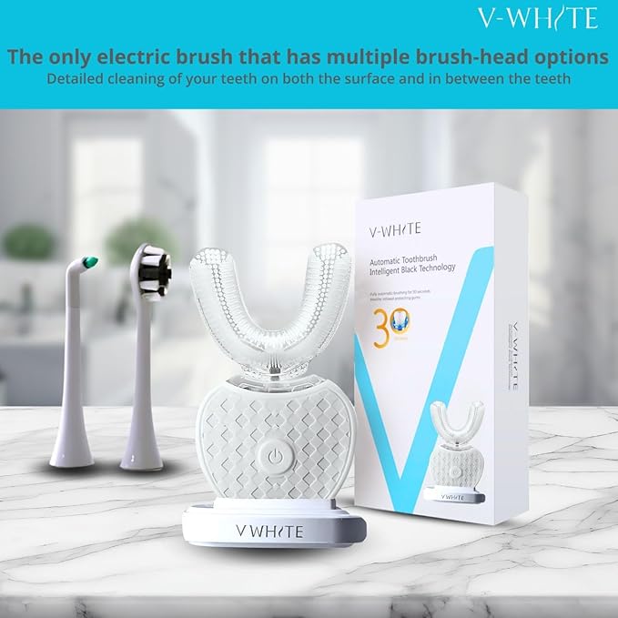 V-WHITE Adults Auto Brush Ultrasonic U-Shaped Toothbrush – 360° Teeth Cleaning, Hands-Free Electric Autobrush – Gum Protection, Waterproof IPX7, Wireless Charging