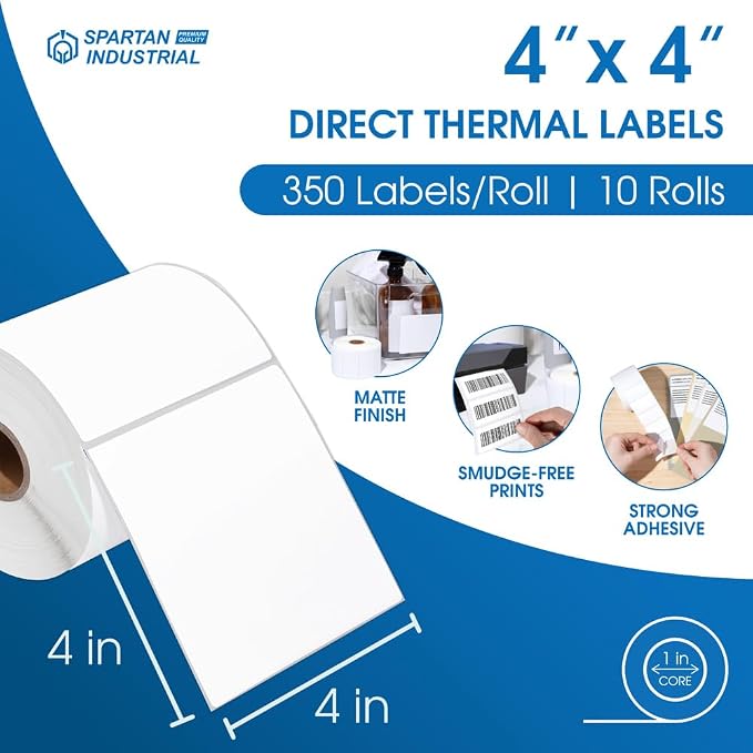 Spartan Industrial - 4" X 4” Direct Thermal Labels (3500 Count, 10 Rolls) Perforated Postage Shipping Labels, UPC Barcode Stickers for Inventory - Compatible with Zebra and Rollo Printers