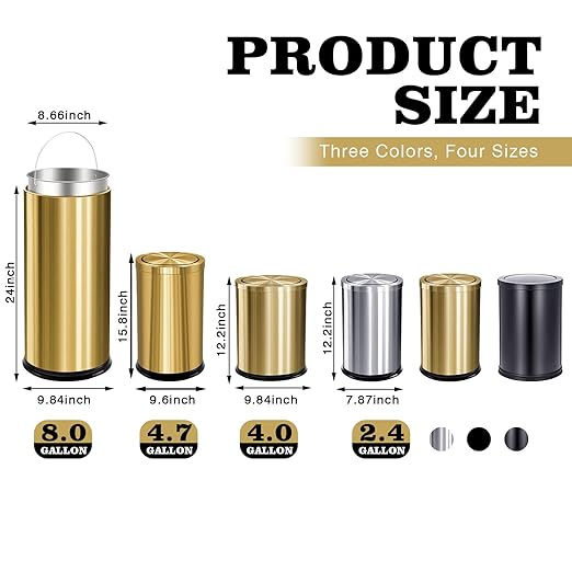 Maxdot 2 Pcs 4.7 Gallon/18 L Gold Bathroom Trash Can with Flipping Lid and Toilet Brush Set, Large Stainless Steel Garbage Trash Can Toilet Cleaner Brush Wastebasket Bin for Bathroom Bedroom Office