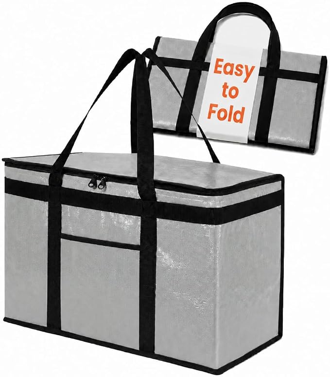 PRO Large Insulated Food Delivery Bag (2XL, Gray, 1 Pack) | Thermal bag, For cold & hot food, Water-resistant, Portable cooler, Soft sided catering tote, Grocery bag with zippered top