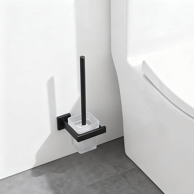 Matte Black Toilet Brush and Holder Set, NEWRAIN Wall Mounted Toilet Bowl Brush with Long Handle, Stainless Steel Toilet Brushes for Bathroom-Space Saving