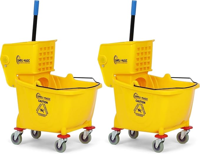 SIMPLI-Magic Side Press Wringer Combo Commercial Mop Bucket on Wheels, 2-Pack, 35 Quart, Yellow, Including Wet Floor Caution Sign and Mop Set, Polyethylene