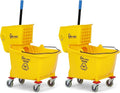 SIMPLI-Magic Side Press Wringer Combo Commercial Mop Bucket on Wheels, 2-Pack, 35 Quart, Yellow, Including Wet Floor Caution Sign and Mop Set, Polyethylene
