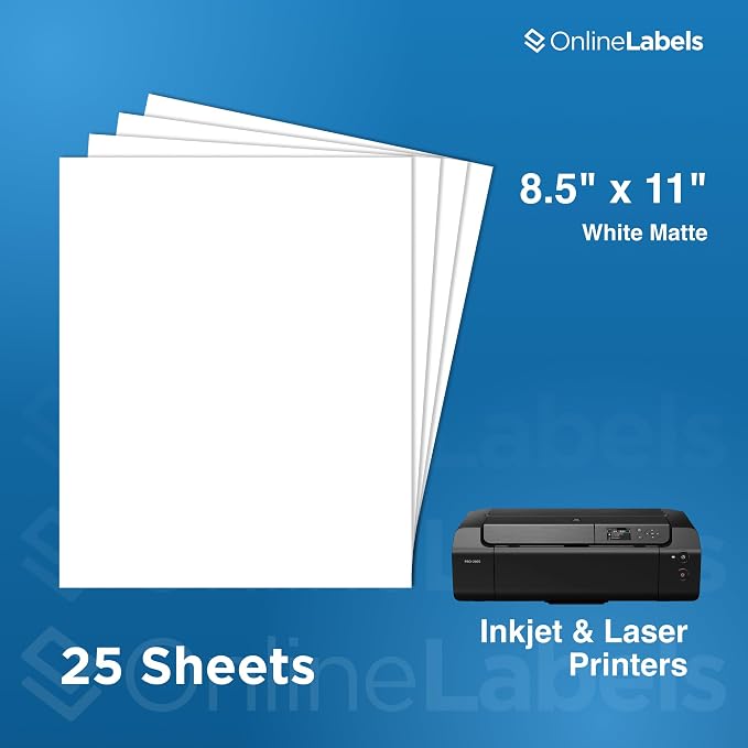 OnlineLabels 8.5" x 11" Full Sheet Sticker Paper – Permanent Adhesive, White Matte – Works with Cricut & Silhouette – for Inkjet & Laser Printers – Pack of 25 Sheets OL177WX
