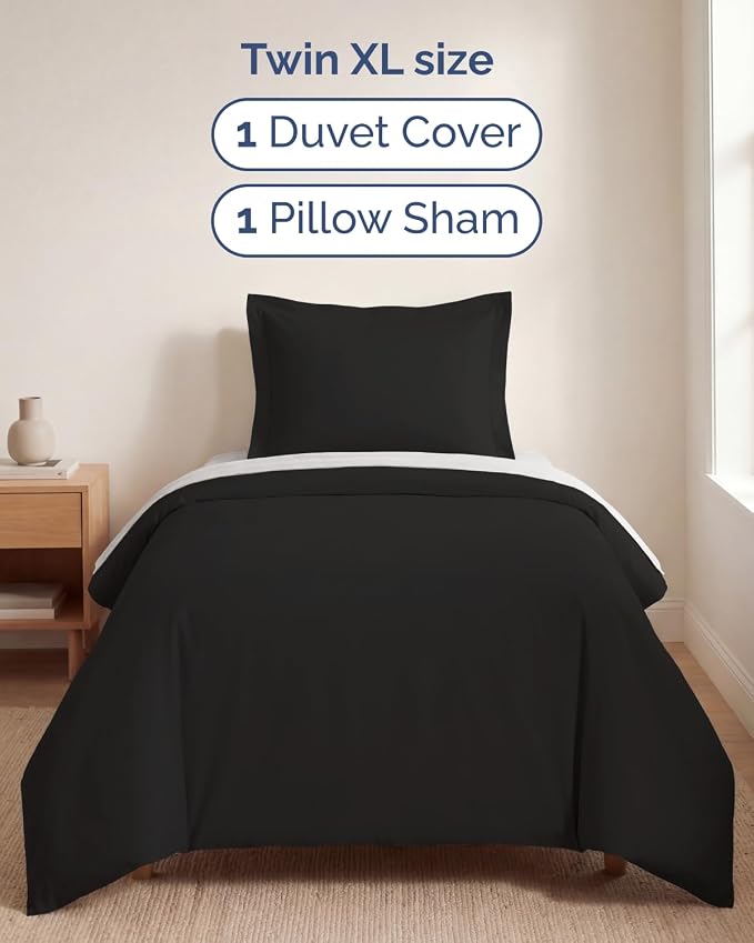 Duvet Cover Twin/Twin XL Size Set - Extra Soft Twin/Twin XL Duvet Cover 68" x 90" with 1 Pillow Sham for Women, Men, Kids & Teens - Comfy, Easy-Care & Fade Free with Zipper Closures and Ties (Black)