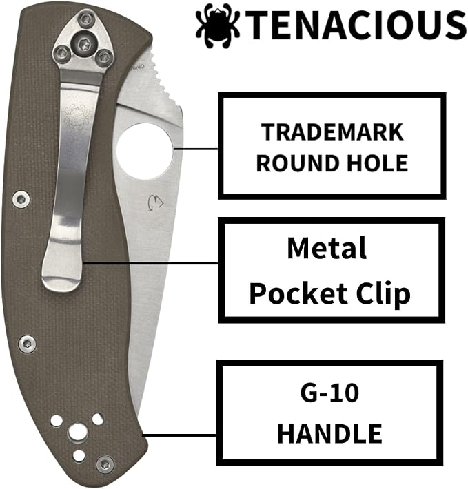 Spyderco Tenacious Folding Pocket Knife, CombinationEdge | 7.77" Overall Length, 3.3" CPM M4 Steel Blade, Brown, G-10 Handle, LinerLock, Full-Flat Grind