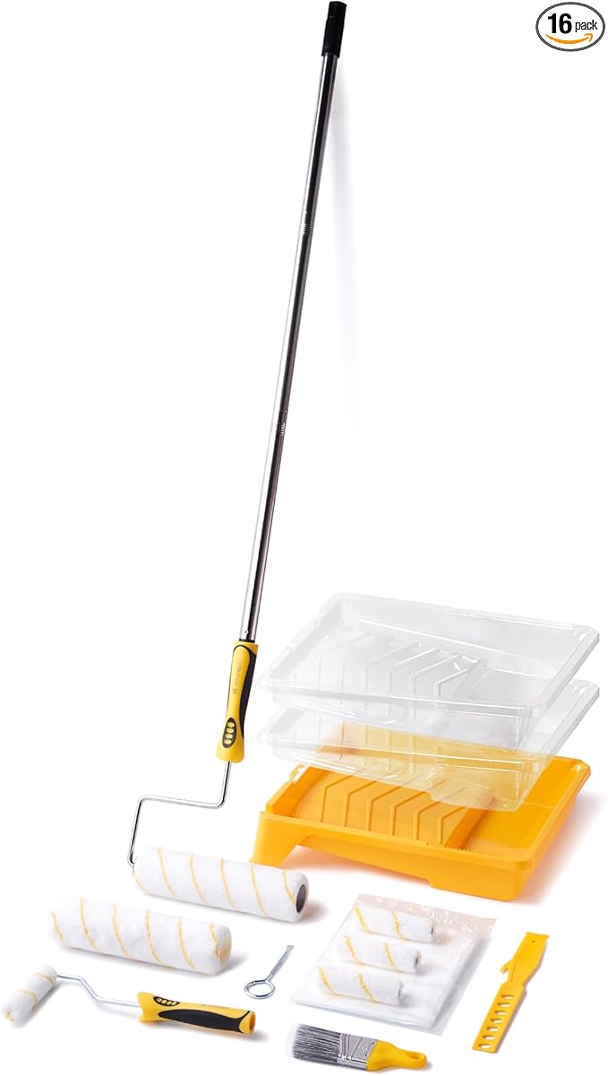 VOOMEY Paint Roller Kit with Extension Pole - 9 Inch Paint Roller with Tray, Mini Paint Roller 4 inch, Small Paint Brush, 16 Piece Complete Painting Tool Set Suitable for House & Wall Painting