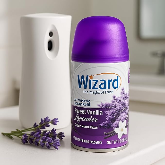 Wizard Automatic Spray Refill – Sweet Vanilla Lavender, 5 oz (12 Pack) | Compatible with Air Wick Freshmatic & Glade Dispensers | Long Lasting Odor Neutralizer for Home & Office