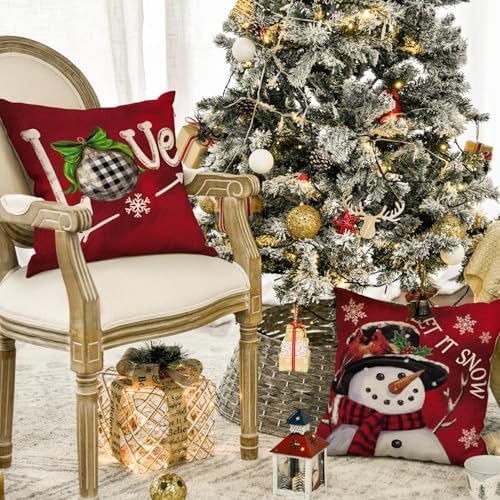 AVOIN colorlife Merry Christmas Let It Snow Snowman Red Throw Pillow Covers, 20 x 20 Inch Xmas Tree Holiday Cushion Case Decoration for Sofa Couch Set of 4