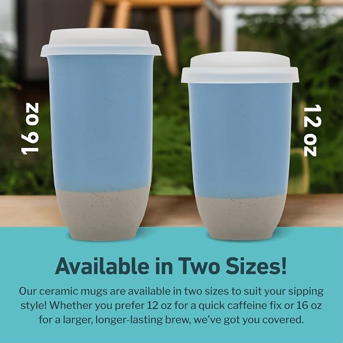 NOVA CERAMICS Travel Mug - Ceramic Coffee Mug With Lid – Microwave & Dishwasher Safe Coffee White & Grey Tumbler - Fits In Cup Holder – 16oz – Coastal Drift