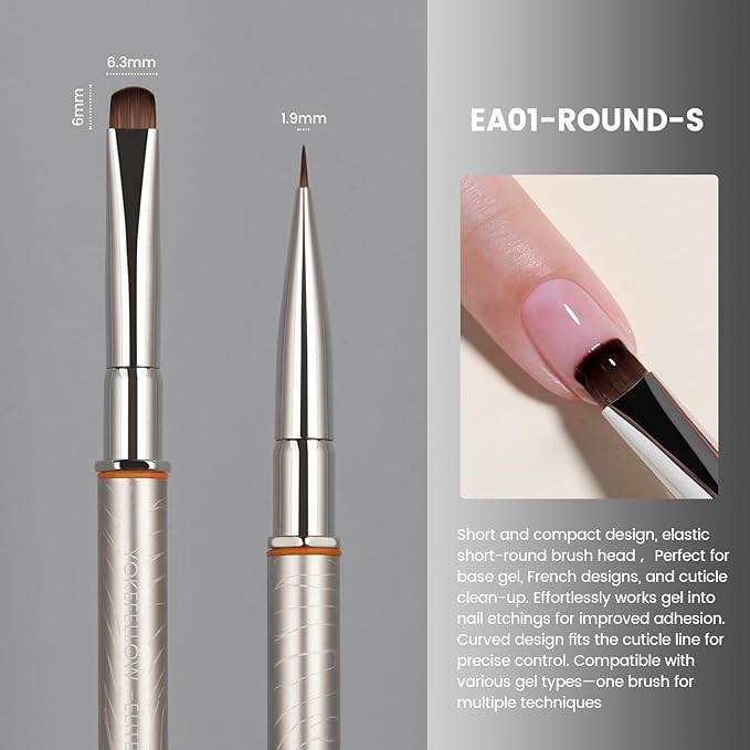 YOKEFELLOW EliteAlly Nail Art Brushes,2-in-1 French Tip Brush and Clean up Brush for Gel Nail Polish, Base Gel Short Round Brush Professional Nail Tool(EA01 ROUND-S)