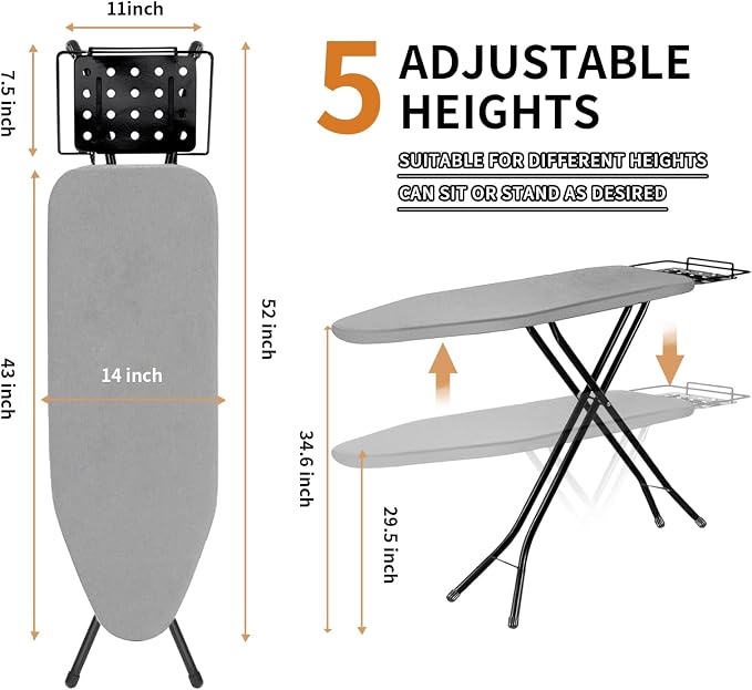 Ironing Board, 43x14 Inch Iron Board with Steam Rest, Heavy Duty Metal Frame Legs Ironing Table with Heat Resistant Cover Mat, Foldable Full Size Hanger Ironing Stand (Grey, 52" L x 14" W x 34.6" H)