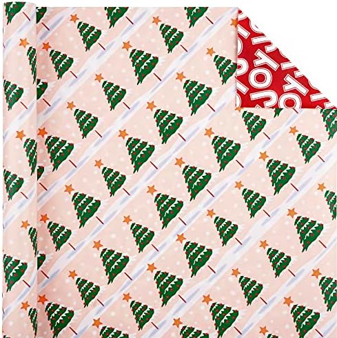 WRAPAHOLIC Reversible Christmas Wrapping Paper - Mini Roll - 17 Inch x 33 Feet - Christmas Tree Wrapping Paper with Joy Lettering Perfect for Holiday, Party, Celebration