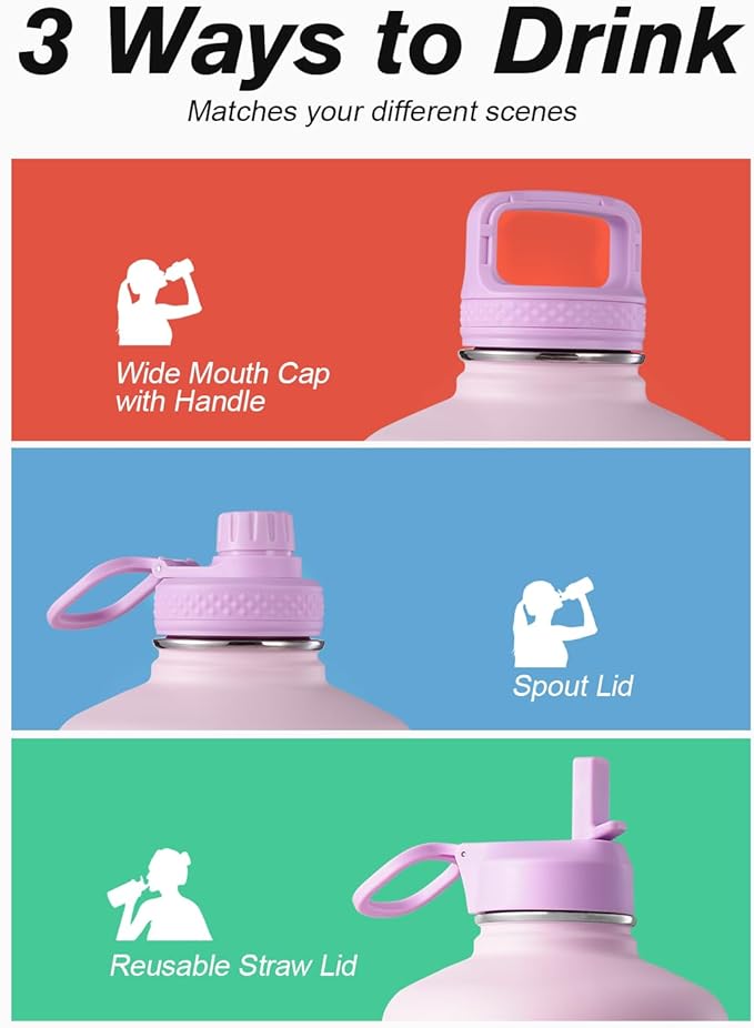 Coolflask 128 oz Gallon Water Bottle Insulated with Straw&3 Lids, Water Jug Large Stainless Steel Metal Vacuum Wide Mouth for Sports, Gym or Office, Non-BPA Keep Cold 48H Hot 24H, Pink