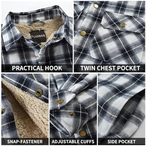 Men's Sherpa Cotton Flannel Shirt Jacket Plaid Button Coat Pocket