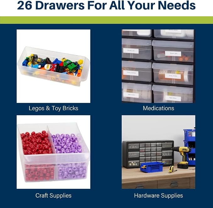 Akro-Mils 26-Drawer Plastic Drawer Storage Cabinet for Garage Organization, Bead Organizer, Building Bricks Storage, Teacher Toolbox, Makeup Organizer, 20-Inch W x 6-Inch D x 10-Inch H, 10126 Red