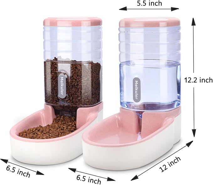 Meikuler Automatic Dog Cat Feeder and Water Dispenser Set,Waterer and Gravity Food Feeder for Small & Medium Dogs Cats Puppies,Large Capacity 1 Gallon x 2(Pink)