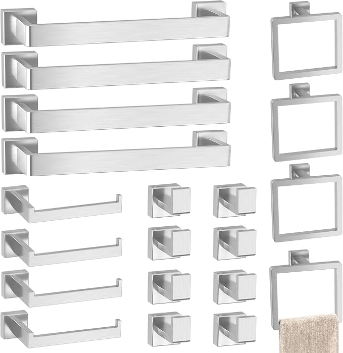 Bathroom Accessories Towel Bar Set: 20 Pieces Brushed Nickel Square Bathroom Hardware SUS304 Stainless Steel - Wall Mounted Towel Rack&Toilet Paper Holder&Towel Ring and Towel Hook
