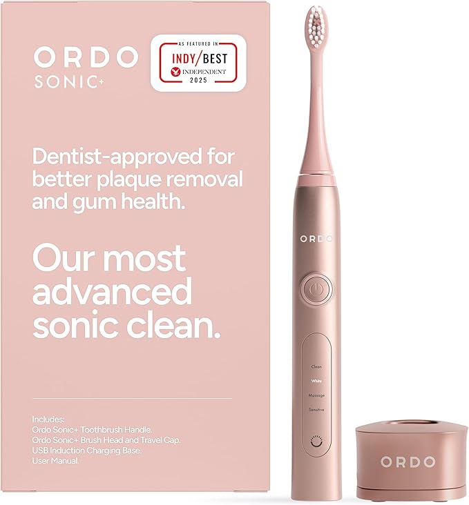 ORDO Sonic+ Electric Toothbrush for Adults, Advanced Smart Tech, 4 Brushing Modes, Fast Rechargeable, Sonic Toothbrushes Over 4 Weeks Battery Life, Silicone Polishing Element, USB Charger, Rose Gold