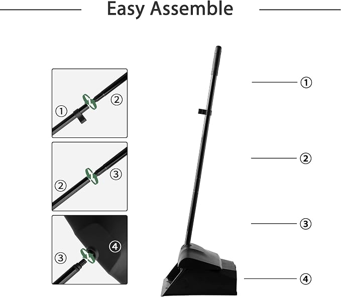 Eyliden Commercial Angle Broom and Dustpan Combo, with Long Handle and Lid, Lobby Dust Pan Sweep Set for Outdoor Garages Courtyard Sidewalks Decks Indoor Home Kitchen Room Office (Black Broom+Dustpan)