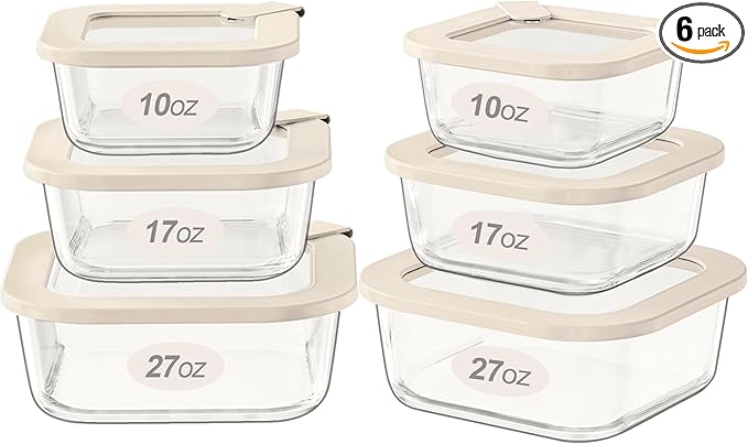 Glass Food Storage Containers with Glass Lids, Microwave Safe Food Container Set, Airtight Meal Prep Containers, LeakProof, 100% Plastic Free, 6 Pack
