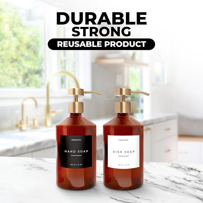 Homelistic Amber Glass Soap Dispenser Set with Champagne Gold Pump – 16oz Refillable Kitchen & Bathroom Soap Dispensers (2 Pack) Rust-Resistant Stainless Steel Pumps, 48 Labels