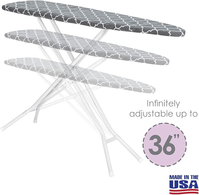 Full Size Ironing Board Made in USA – Gray Lattice by Seymour Home Products 4 Heavy-Duty Steel Legs Perforated Top for Steam Includes Cover & Pad Sturdy, Foldable Iron Board for Home & Laundry