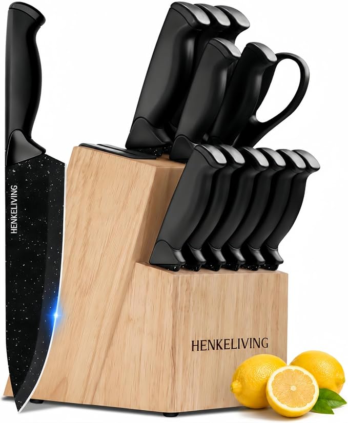 14-Piece Starry Black Knife Block Set with Built-In Sharpener | German high-carbon stainless steel blades, dishwasher safe, ultra-sharp edges, ergonomic non-slip handles