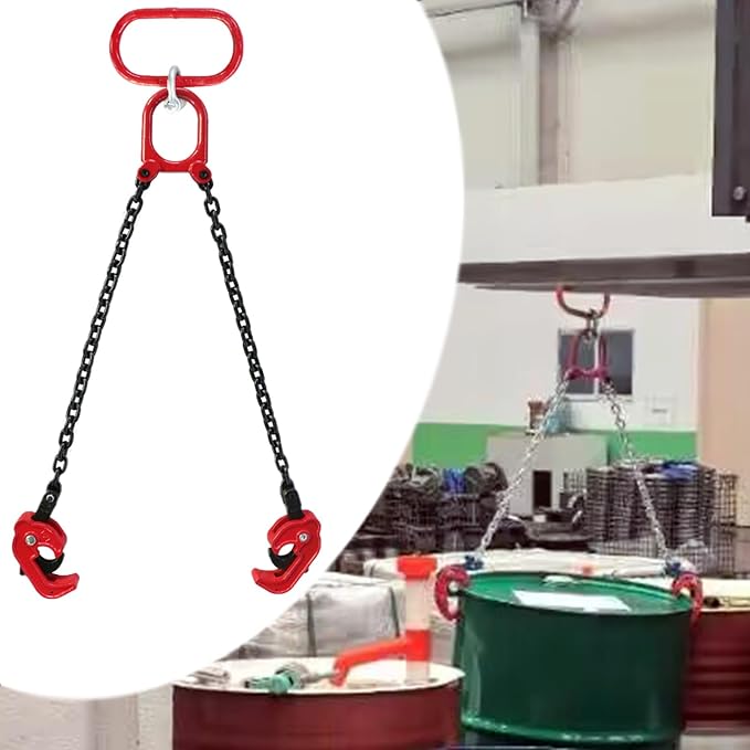 Updated Chain Slings Lifting Clamp, Drum Lifter Handling Equipment with 2 Leg Grab Hooks, Barrel Lifting Tongs for Engine Hoist/Forklift