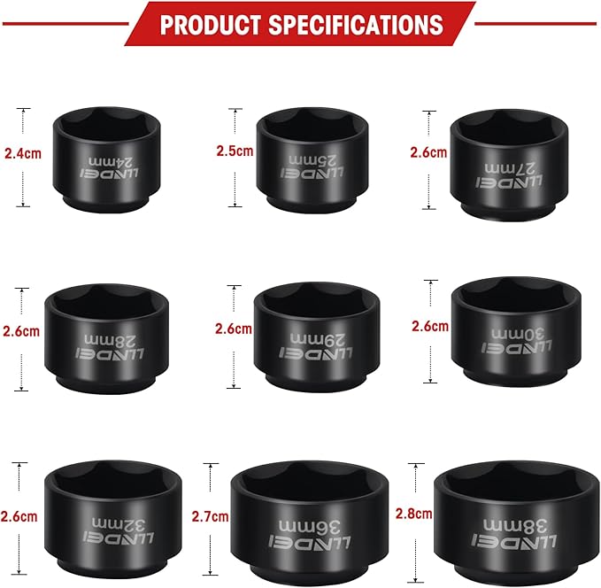 LLNDEI 10 Pieces 3/8" Drive Low Profile Oil Filter Socket Set, Oil Filter Cap Removal Tool kit, Metric(24mm-38mm) with 75mm Extension Bar, Cr-v Steel for Anti-Rust & Corrosion.