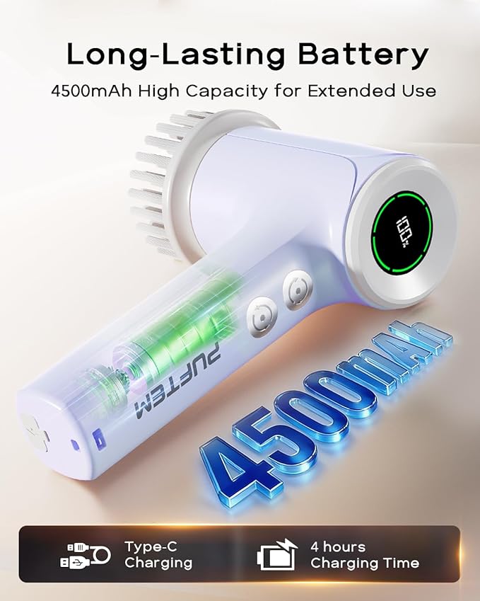PUFTEM Shower Scrubber, Electric Spin Scrubber for Bathroom Cleaning – Cordless Shower Cleaner Brush with 6 Brush Heads, Dual-Direction Rotation, for Grout, Tile, Tub, Sink & Corners, Purple