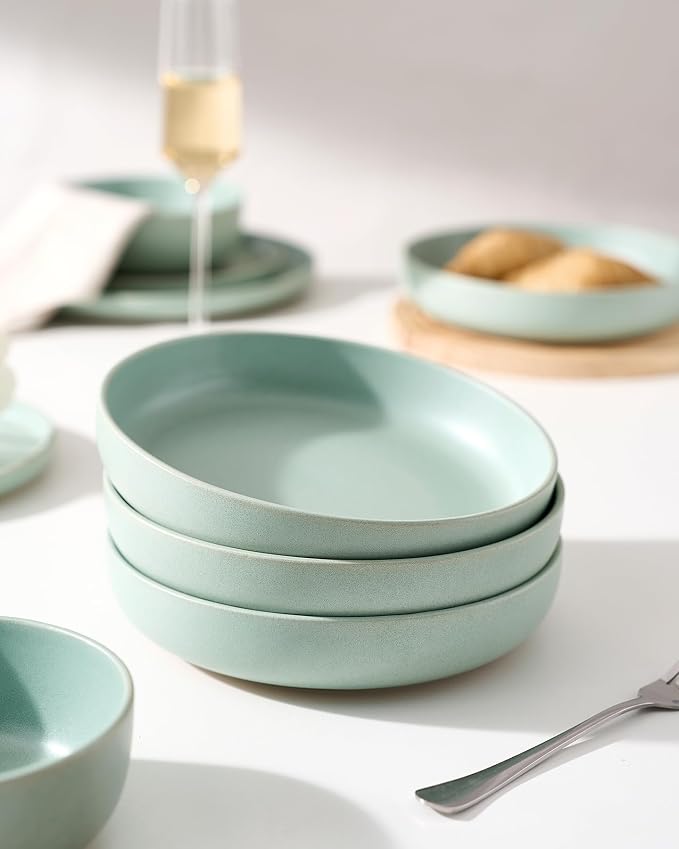 famiware Milkyway Pasta Bowls Set of 4, 8.5" Large Salad Bowls, Double Reactive Glaze, Sturdy & Stackable, Ideal for Housewarming, Festivals, Light Green