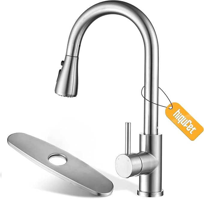 Hiqufet Kitchen Faucet, Pull Down Sprayer, Brushed Nickel, Deck Plate | Easy Install, 360 Swivel, 3 Spray Modes, High Arc Spout, SUS304 Stainless Steel, Fits RV/Laundry/Bar Sinks