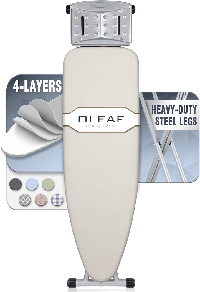 oleaf Ironing Board with Cover and Thicken Pad Height Adjustable Full Size Foldable Iron Board with Iron Rest, Stable Steel Legs, Metal Construction, Heat Resistant, Beige