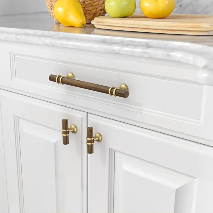 Asidrama 10 Pack 5 Inch(128mm) Wood and Gold Cabinet pulls Kitchen Cabinet Handles, Cabinet Pulls Kitchen Cabinet Hardware for Cupboard Drawer Pulls