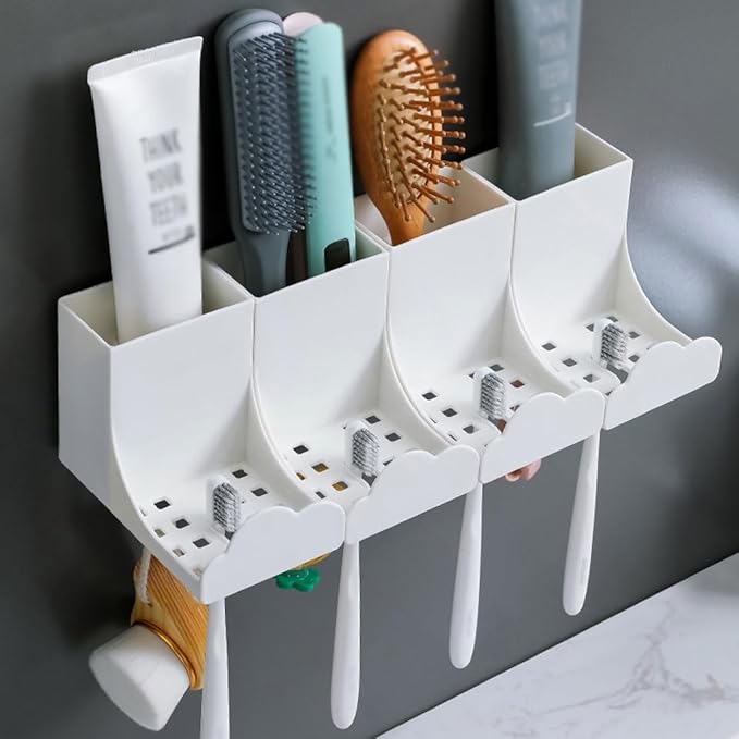 Toothbrush Rack White Toothbrush Holder, Three Or Four-person Toothpaste Holder, Multi-storage Space Storage Rack with Colorful Cups Bathroom Toothbrush Holder(L29.6)