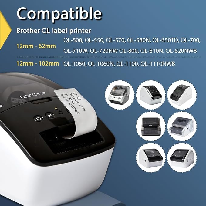 BETCKEY - Compatible Continuous Labels Replacement for Brother DK-2205 (2.4 in x 100 ft), Use with Brother QL Label Printers [6 Rolls + 1 Reusable Cartridge]