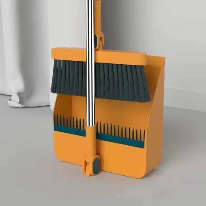 Foldable Broom and Dustpan Set, Compact Wall Mountable with Extra Stiff Bristles for Easy Storage & Cleaning (Orange)
